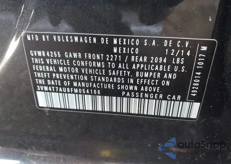 2015 Volkswagen Golf Gti 2.0T S 4-Door из США, поврежденный, VIN 3VW4T7AU8FM054166